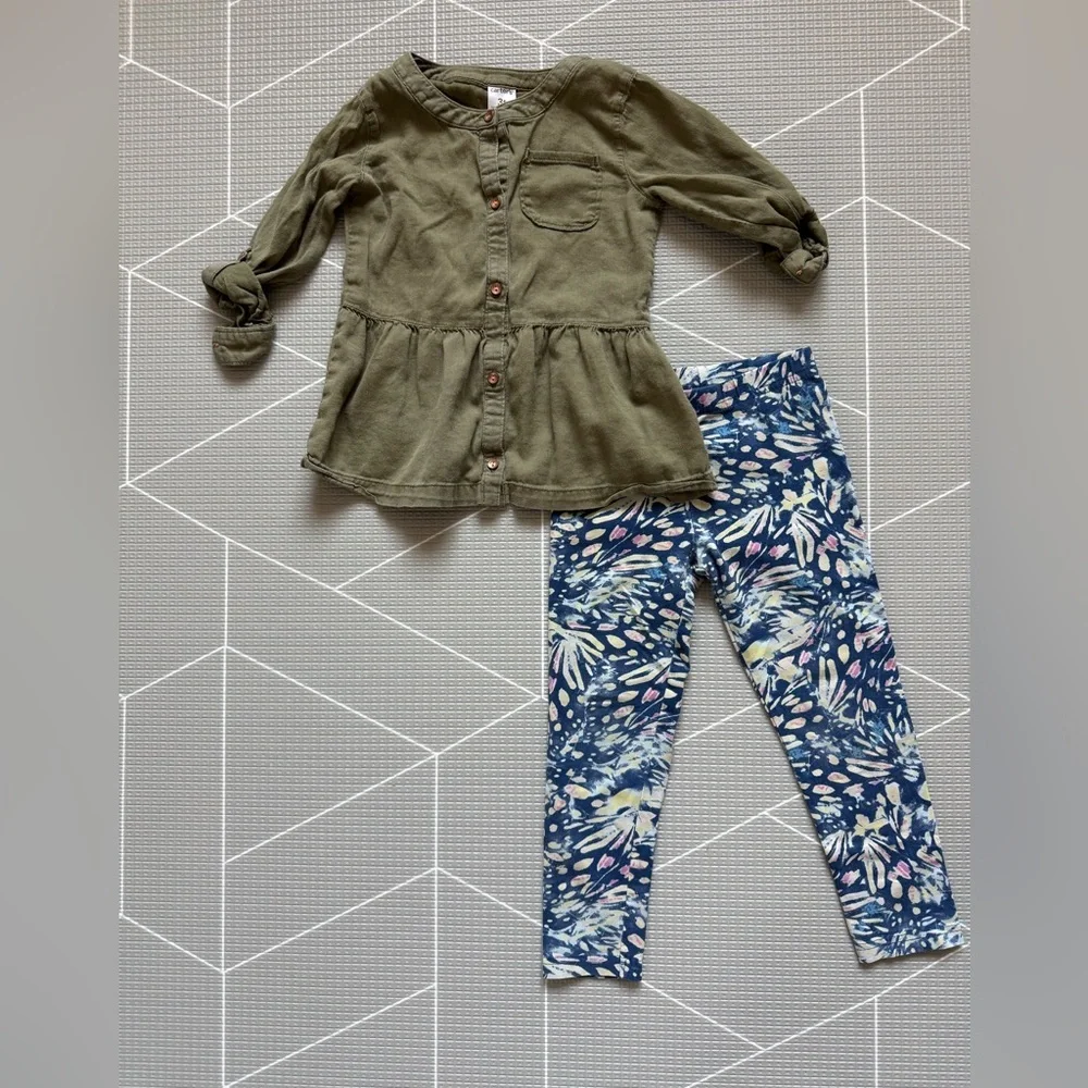 Carters|Baby girl/toddler Olive Green button down shirt and floral leggings•3T